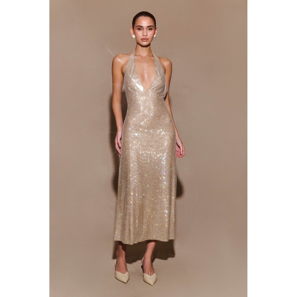 MESHKI Genie Diamante Halter Nude Crystal Embellished Midi Dress Size S